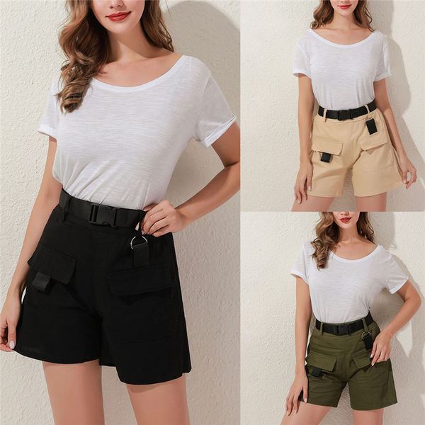 

women's shorts ladies casual solid color fashion mid waist loose tie street harajuku with pockets high quality, White;black