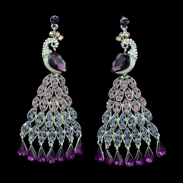 

colorful crystal tassel earrings for women bridal long peacock dangle drop earing 2020 fashion female wedding india jewelry gift, Silver