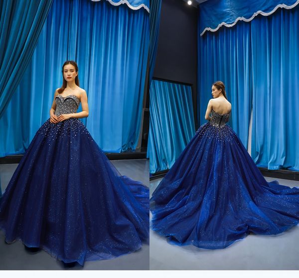 Royal Blue Glitter Tulle Quinceanera Abito Ball Gown Bling Perline Crystal Sweetheart Corsetto Indietro Prom Dress 8th Brithday Party Ball Gowns