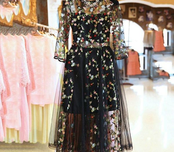 

summer plus size mesh embroidery lace dresses women eleganr casual evening party dress o neck vestidos clothing, Black;gray