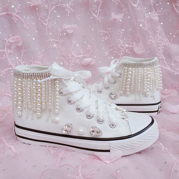 

new korean pearl fringe high casual canvas shoes, Black