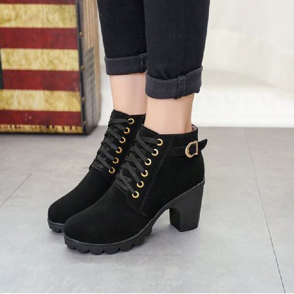 

boots 2021 women's high heels suede shoes woman round head solid color lace up fashion winter boots35-41 botas mujer, Black