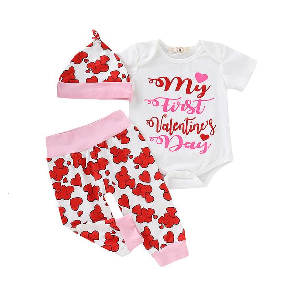 

clearance excelent lovely baby girls infant baby valentine's day letter printed jumpsuit romper+pants+hat outfits set z0213, White
