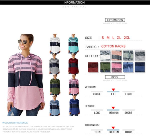 

women hoodies sweatshirts designers female autumn clothes long sleeve pullover hooded sweater loose striped patchwork t-shirt e81804, White