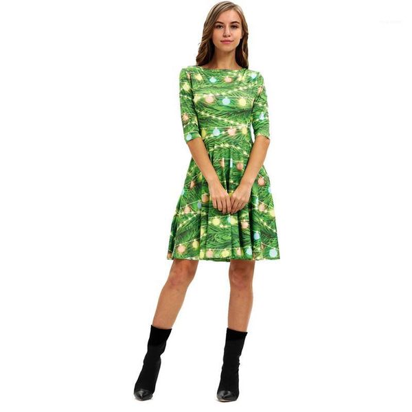 

dress seven sleeved skirt crew neck middle sleeve loose dresses ladies casual dress christmas 3d printed, Black;gray