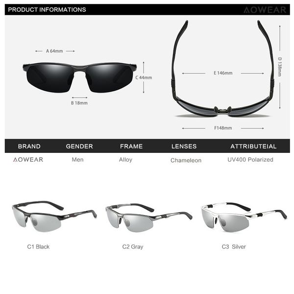

color changing sunglasses men's polarized chameleon glasses men's color changing sunglasses hd day and night vision driving glasse, White;black