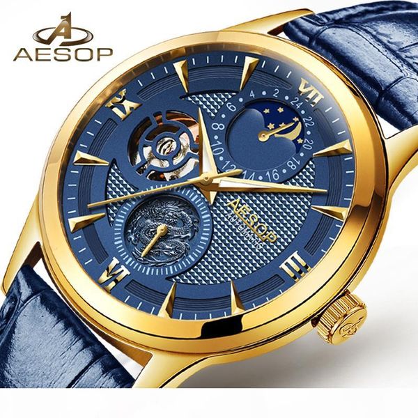 

aesop luxury moon phase calendar blue dial gold mens mechanical watches genuine leather strap skeleton watch, Slivery;brown