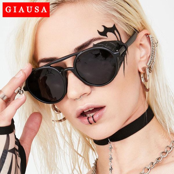 

vintage round steampunk sunglasses men classic brand designer punk rivet wrap sun glasses retro leather eyewear for male uv400, White;black