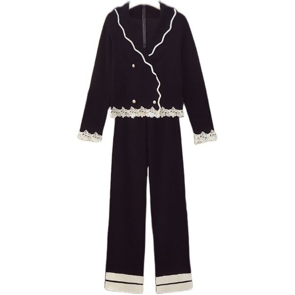 

big yards couture autumn outfit knitting cardigan sweater jacket leisure wide-legged pants women 2 pcs clothing set black knit