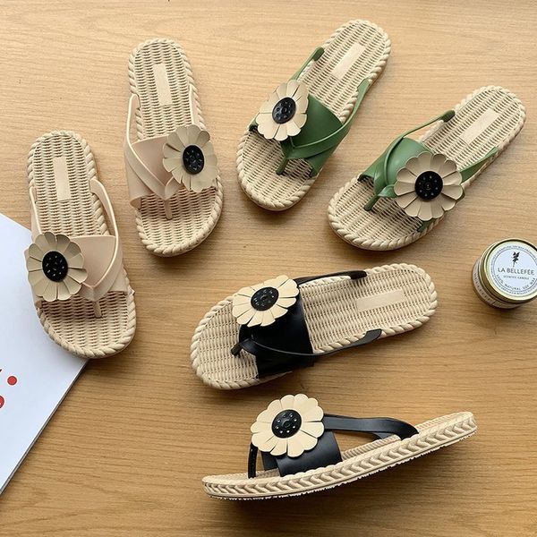 

little fresh flowers lace slippers flat rubber flowers with low toes and flip-flops womens slippers summer, Black