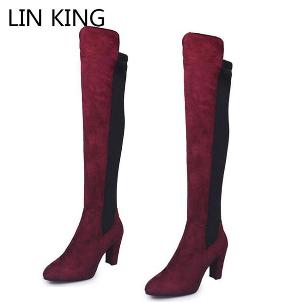 

lin king plus size 43 flock warm plush women motorcycle boots over the knee long boots mixcolor square heel winter knight, Black