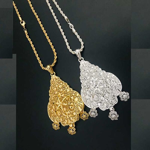 

dubai gold and silver color big pendant necklace for women moroccan wedding jewelry double layer hollow pattern chain