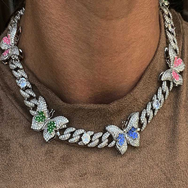 

chokers iced out bling women girl rainbow 5a cubic zirconia enamel butterfly charm big heavey miami cuban chain necklaces, Golden;silver