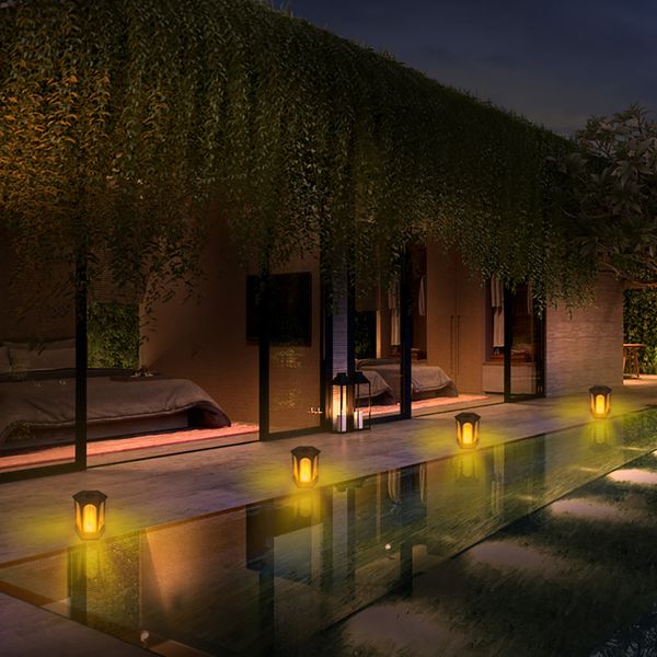 

bright energy saving solar hexagon flame light outdoor garden flame hanging light pillar light landscape wall