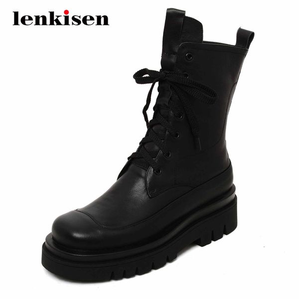 

lenkisen motorcycle boots natural leather cross-tied concise thick med heel round toe lace up handsome cozy mid-calf boots l88, Black