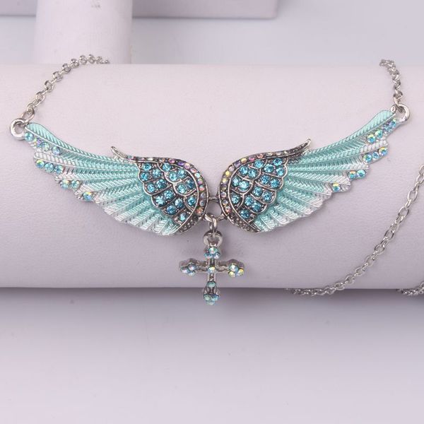 

new fashion light blue angel cross pendant stainless steel necklace creative rhinestone pendant neck chain clavicle chain, Silver
