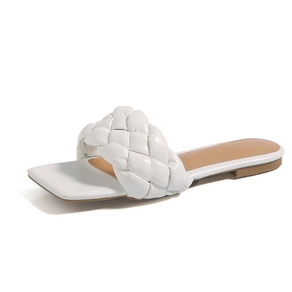 

lucyever summer casual weave slippers women leather square toe slides ladies beach shoes comfortable flat sandals, Black