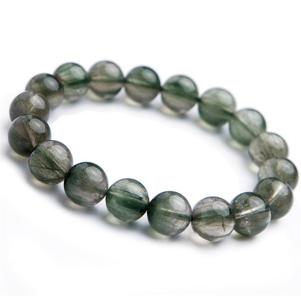 

11mm genuine brazilian natural green rutilated quartz crystal clear round bead stretch bracelets women men, Black