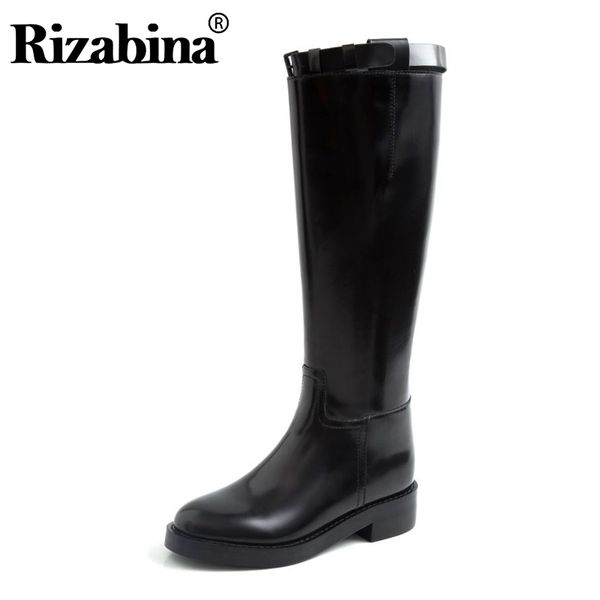 

rizabina classic knight boots women genuine leather knee high boots round toe solid color long shoes women size 34-40, Black