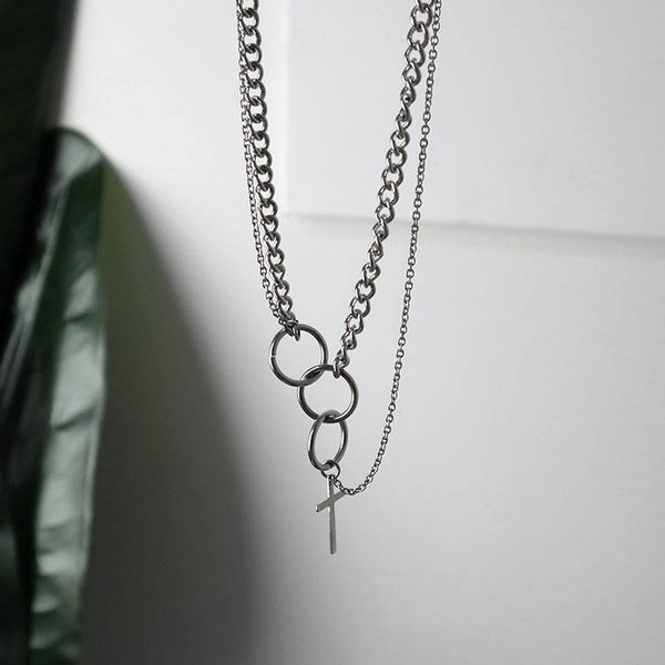 

necklace mens necklace stainless steel steel cross pendant circle statement chain necklaces layered male accessories hip hop, Silver