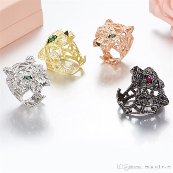 

High quality 925 sterling silver hollow out leopard ring animal cubic zirconia paved 18K gold plated jewelry for women or men