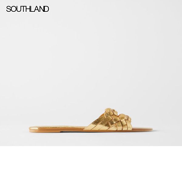

southland golden woven slippers women summer 2020 flat heels beach casual slides shoes woman outdoor sandals flip flops muter, Black