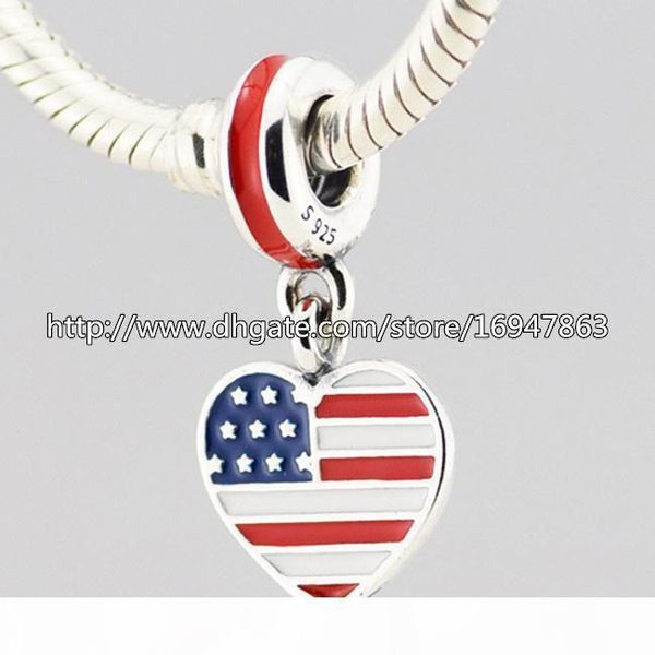 

s925 sterling silver us heart flag dangle charm bead with enamel fits european pandora jewelry bracelets necklaces & pendant, Black