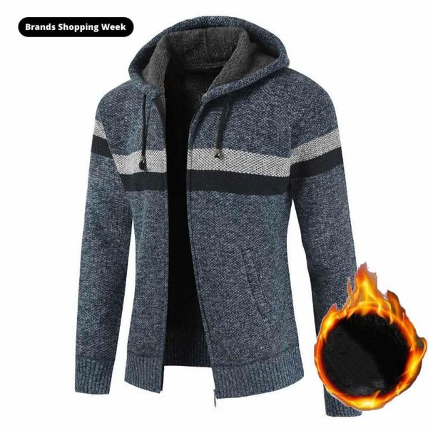 

faliza men's striped sweater coat thick fleece warm zipper wool hooded cardigan jumpers men long sleeve knitted sweaters xy110, White;black