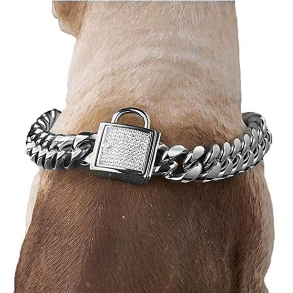 

14mm cool silver color stainless steel pet cuban curb link chain training collar choker with zirconia lock dog necklace 12-34