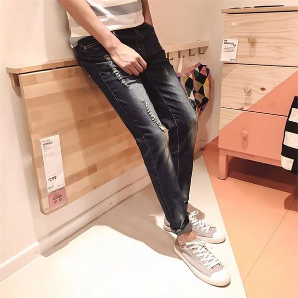 

men's jeans fashion men ripped destroyed 2021 winter casual pants slim fit straight washed denim trousers male, Blue