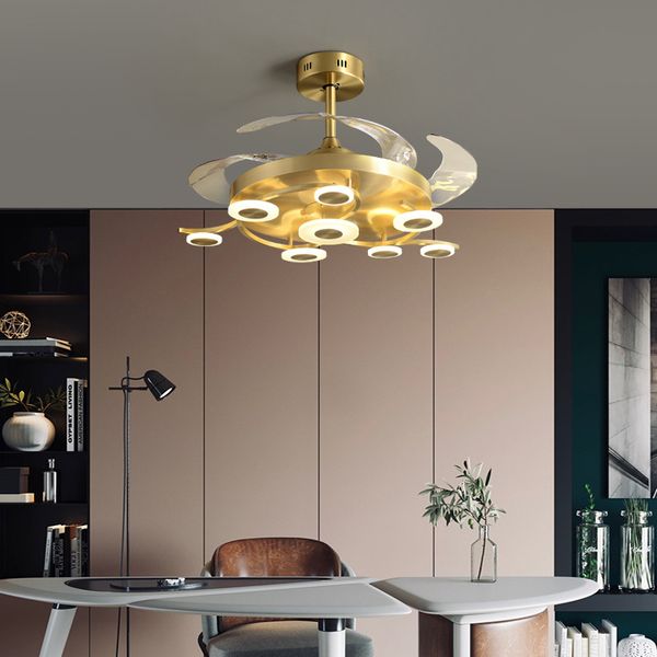

all copper american light luxury crystal living room chandelier invisible fan lamp led dining room bedroom lamp fan chandelier
