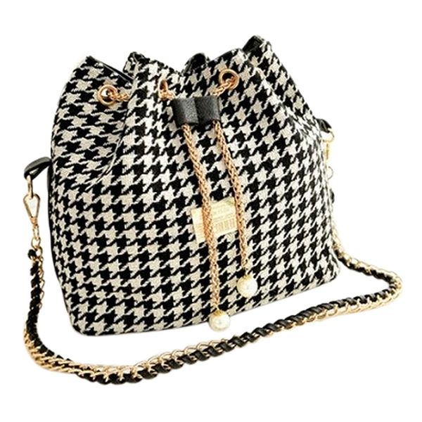 

women bag chains fashion bucket bag canvas patchwork women shoulder messenger handbag-black and white grid