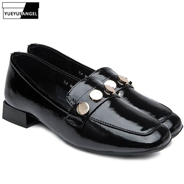 

brand women rivet shallow genuine leather flats shoes slip on loafers casual moccasin gommino comfortable lady square toe shoes, Black