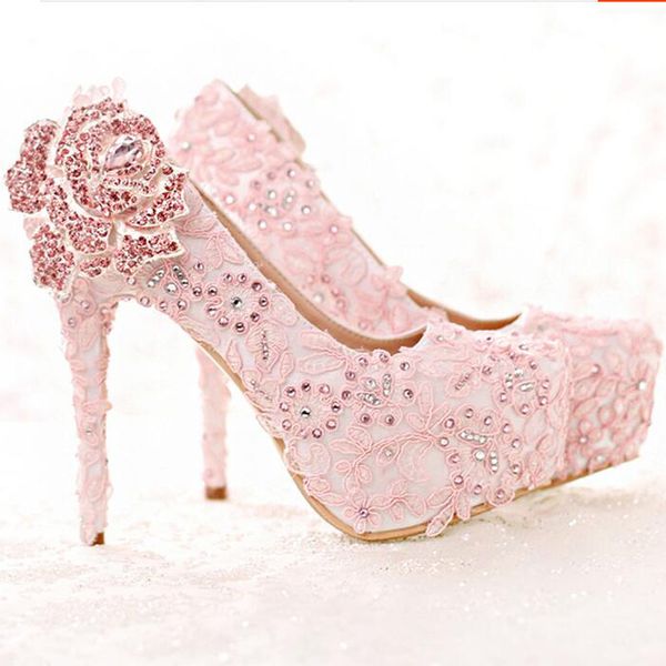 

fashion rhinestone rose flower high heel wedding shoes pink lace bride shoes platform round toe princess pumps prom, Black