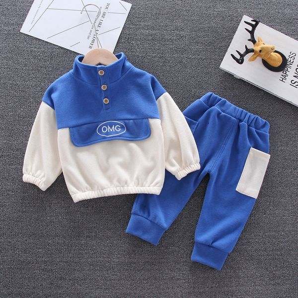 

autumn and winter boys casual color-blocking stand-up collar long-sleeved sweater + pants two-piece children's clothing boy kg-500, Pink;blue