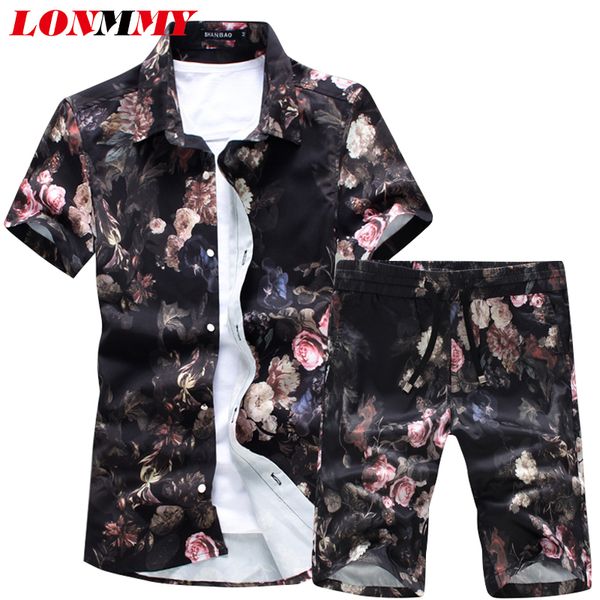 

lonmmy 5xl flower shirts men camisa male short sleeve slim floral shirts+shorts vintage casual men shirt sets new fashion summer, White;black