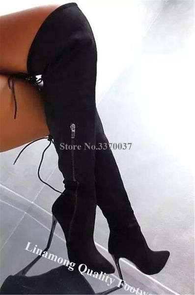 

linamong pointed toe suede leather stiletto heel over knee boots black back lace slim long high heel boots dress shoe