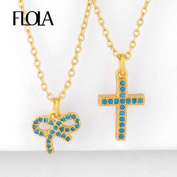 

flola crystal cross necklaces for women gold filled paved bow knot necklaces pendant cubic zirconia rainbow jewelry gifts nkeq44, Silver