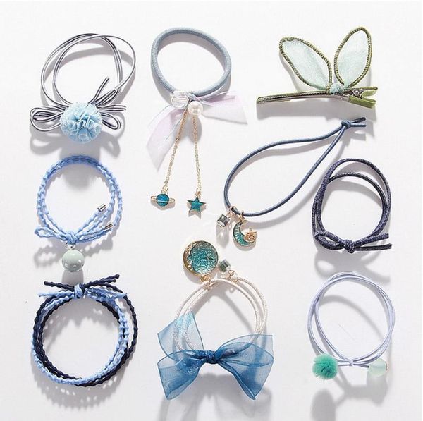 

dhl 50set 9pcs/set girls cute starry sky rubbr bands ponytail holder elastic hair bands scrunchie headwear, Slivery;white