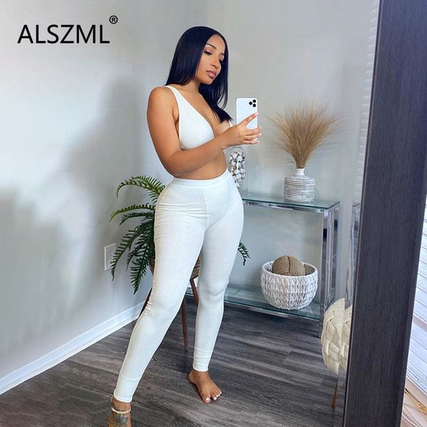 

summer recommend simple pure color deep v neck crop and pants 2 pieces set high street lady fashion outfits, Gray