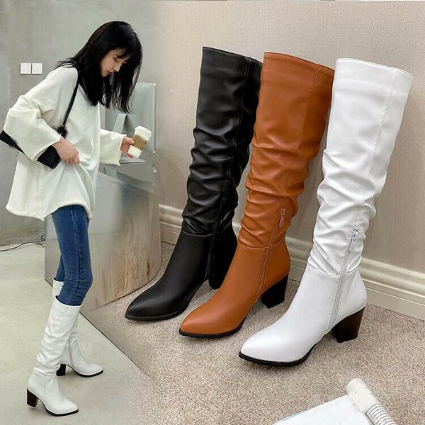 

boots plus size womens pleated comfort block heel pull on knee high riding, Black