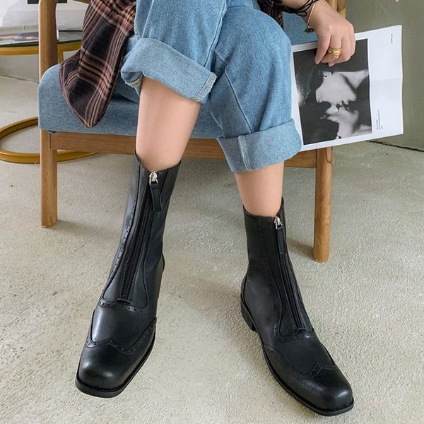 

boots genuine leather zip low heel platform retro mixed colors square toe block mid calf autumn winter women, Black