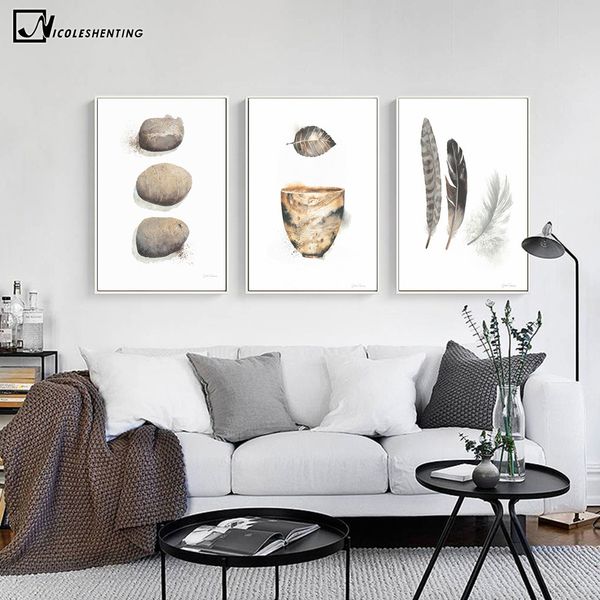 

birs stone feather minimalist nordic art canvas poster painting a4 abstract funny wall picture print modern home room decoration
