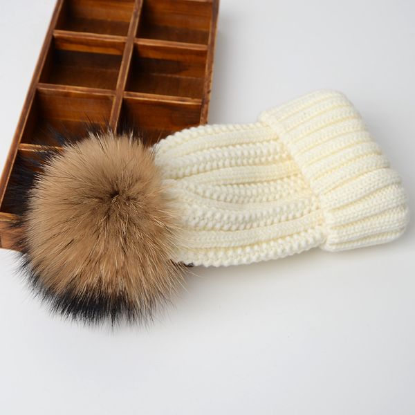 

women solid beanie with large real fur pompom wide cuff ladies girls knitted ribbed warm grey pink black red ivory winter hat, Blue;gray