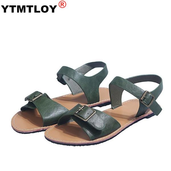 

2020 summer women open toe sandals anti-slip breathable leather casual female flat retro shoes buckle strap zapatos mujer 35-43, Black