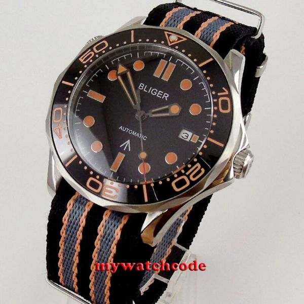 

41mm bliger black dial sapphire glass automatic ss mens watch ceramic bezel new arrive solid case wrist watch, Slivery;brown