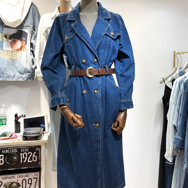 

denim trench coat for women autumn vintage long lapel double-breasted loose casual jeans windbreaker femme matching beltw, Tan;black