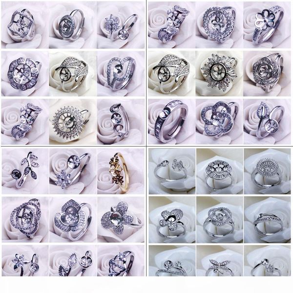 

new jewelry diy ring pearl ring settings 4 set zircon 925 silver ring settings for women suitable for pearl adjustable size wedding, Slivery;crystal