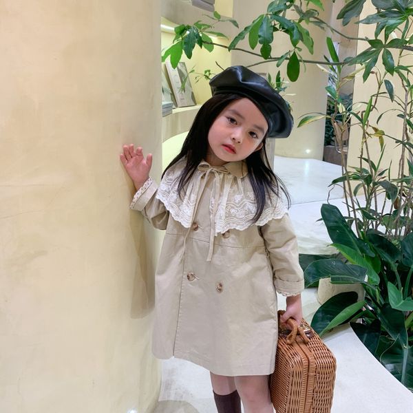 

autumn new arrival korean style cotton all-match long windbreak long sleeve coat with lace collar for fashion cute baby girls, Blue;gray