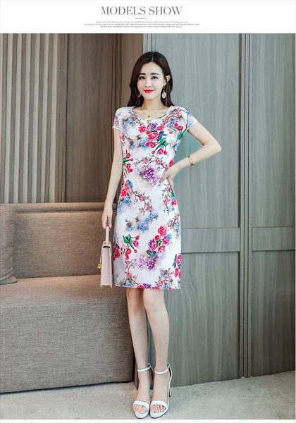 

xl 5xl women clothes print dresses tunic long casual o neck cotton dress short sleeves mid calf plus size loose vestidos, Black;gray